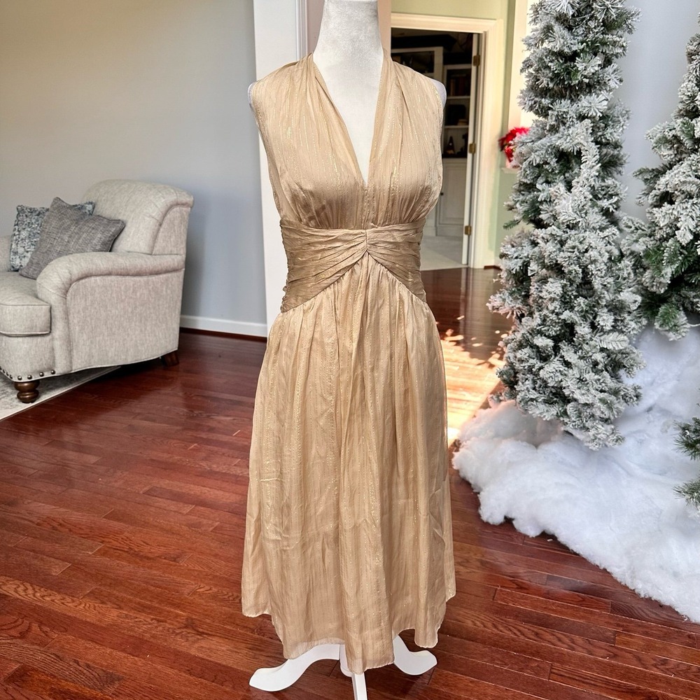 Vintage Maggy London Metallic Gold Halter Cocktail Dress Y2K Plunge Size 4